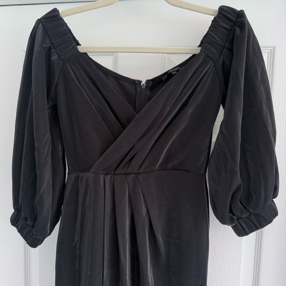 SYMPHONY Black Silvery Off The Shoulder Puff Sleeve Evening Gown Front Slit S - Picture 5 of 11